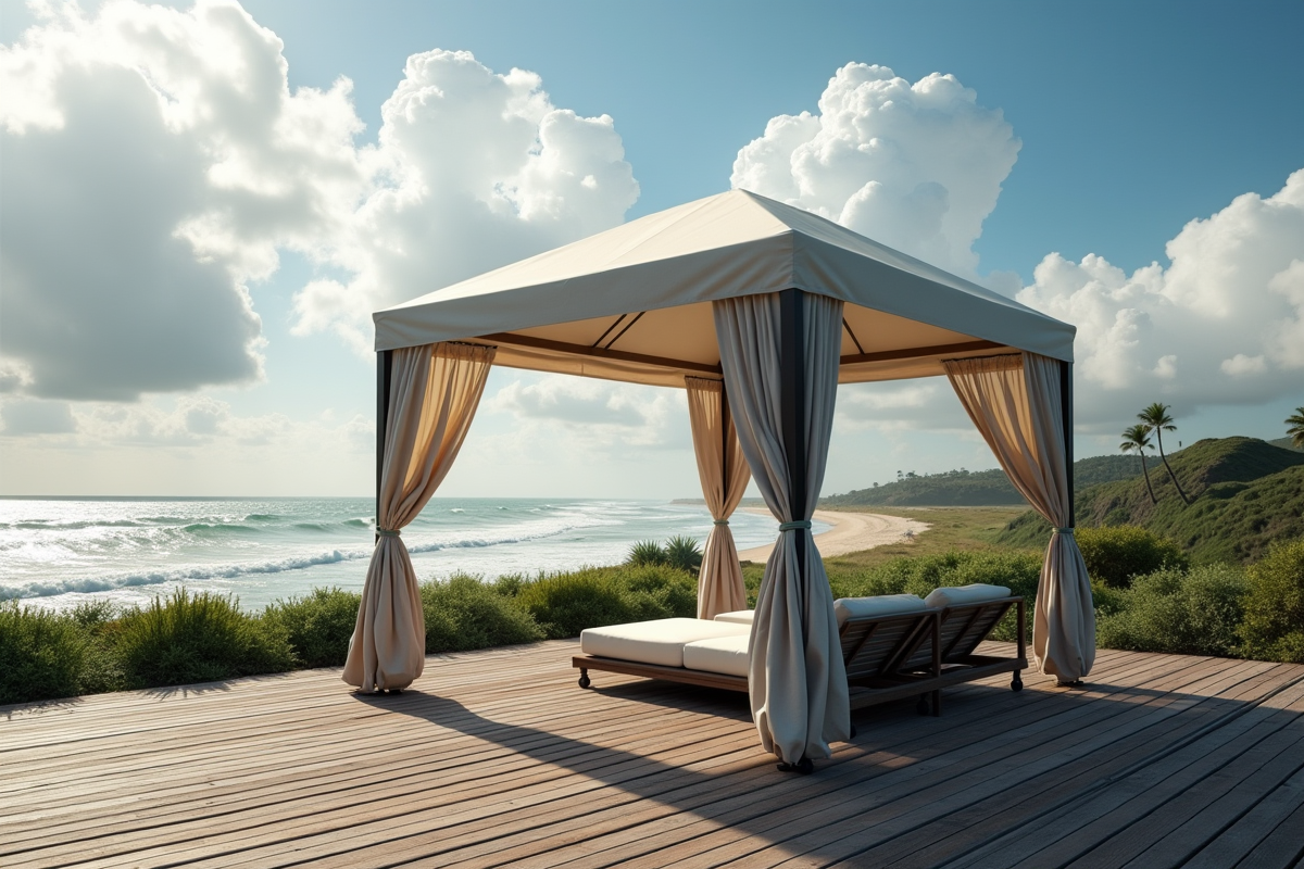 Tonnelle moderne sur terrasse en bord de mer avec ciel nuageux