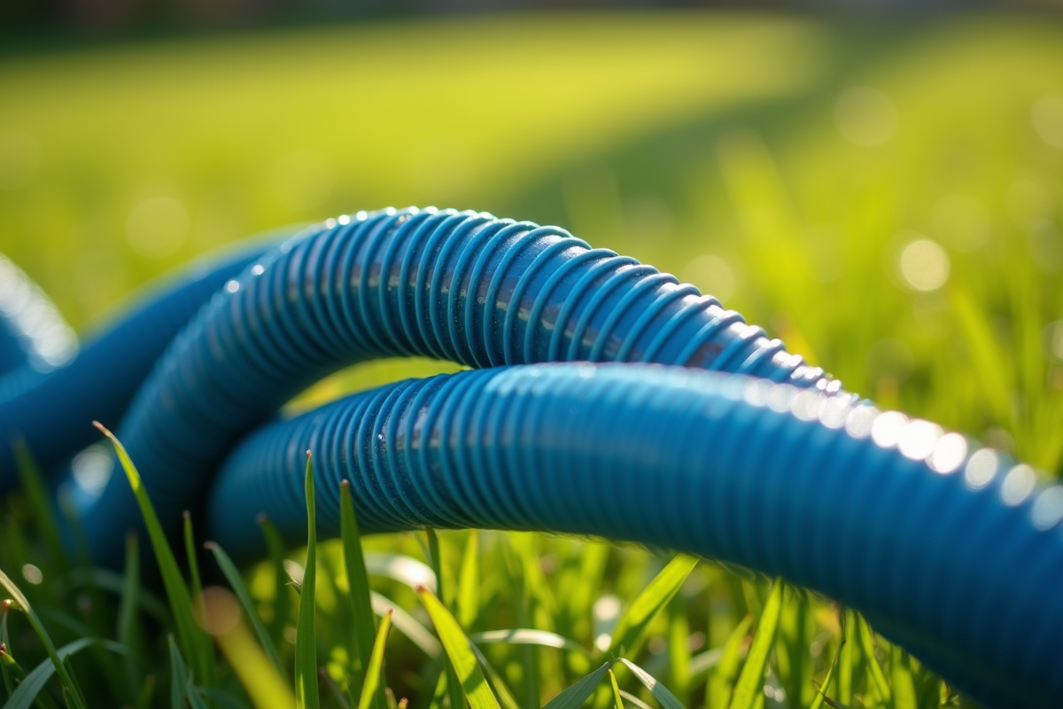 Tuyau de siphon bleu étendu dans un jardin ensoleille avec eau visible