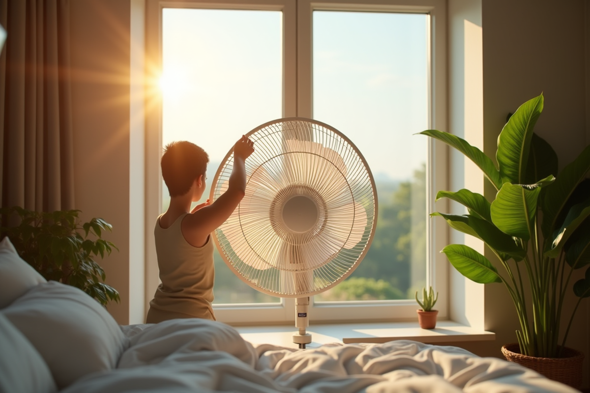 Personne ajustant un grand ventilateur de fenêtre dans une chambre ensoleillee