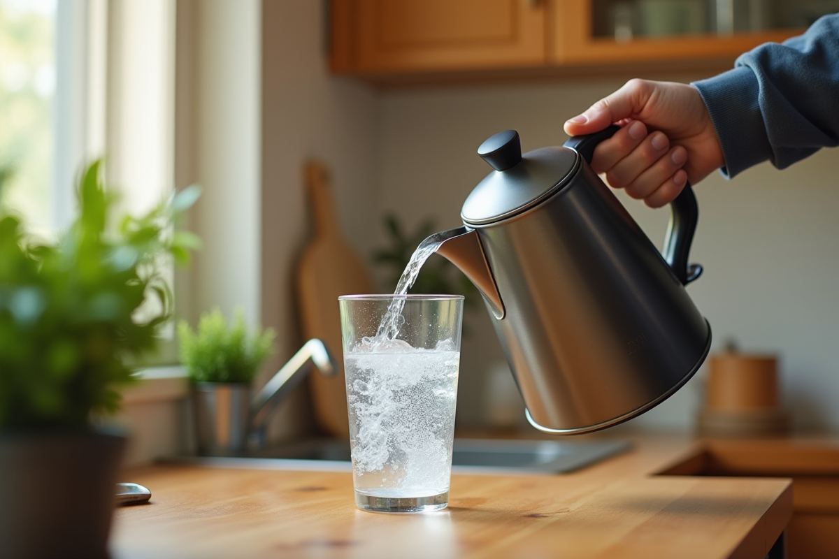 Personne versant de leau chaude dans un verre avec condensation