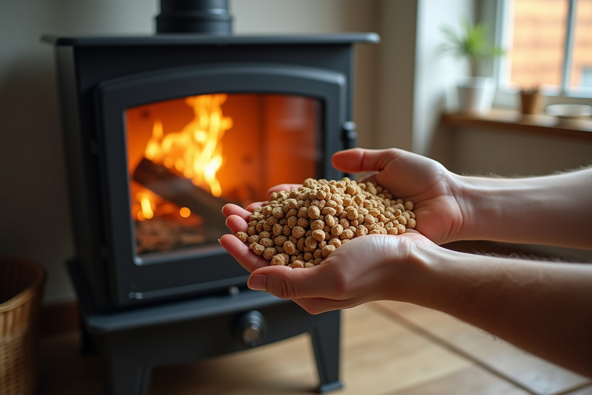 Main versant des pellets de bois écologiques dans un poêle