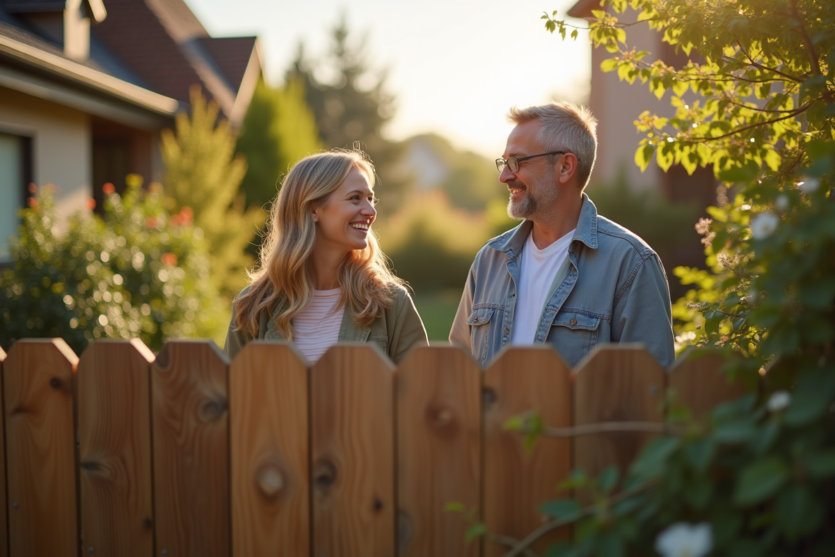 Voisins souriants discutant au jardin en matinée